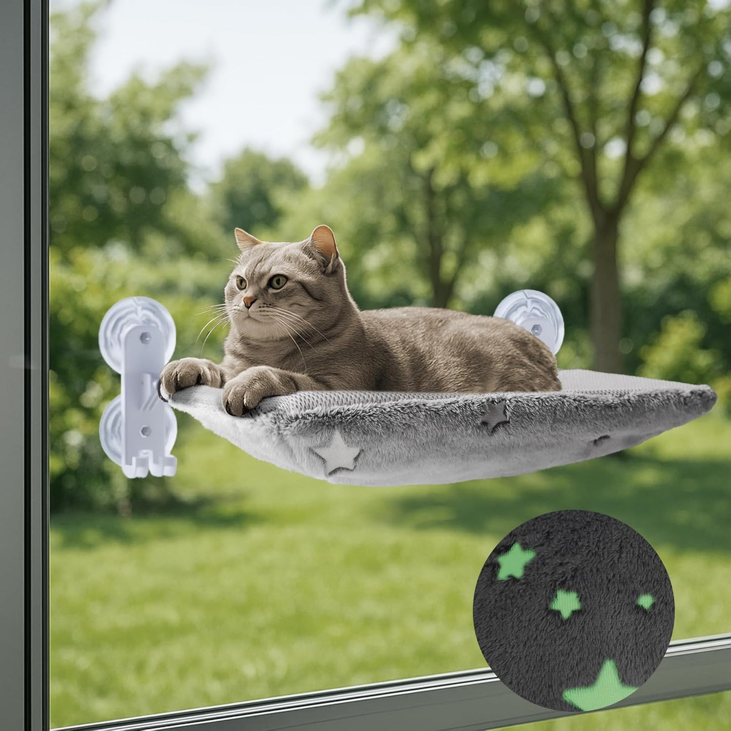 Glow in the Dark Cordless Cat Window Perch - Foldable Hammock for Large Cats, Easy Assembly & Hook Design, Gray L