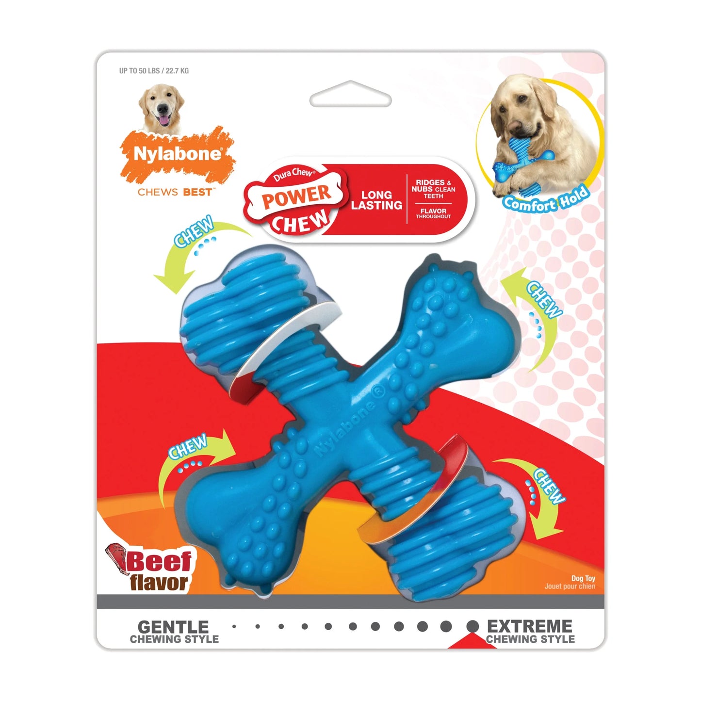 Power Chew X Bone Dog Toy – Large, Beef Flavor, Durable Comfort-Hold Chew for Aggressive Chewers