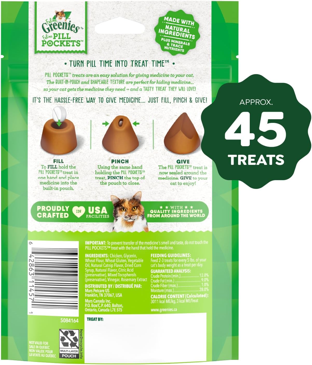 Feline Greenies Pill Pockets for Cats – Natural Soft Cat Treats, Catnip Flavor, 1.6 oz Pouch (45 Treats)