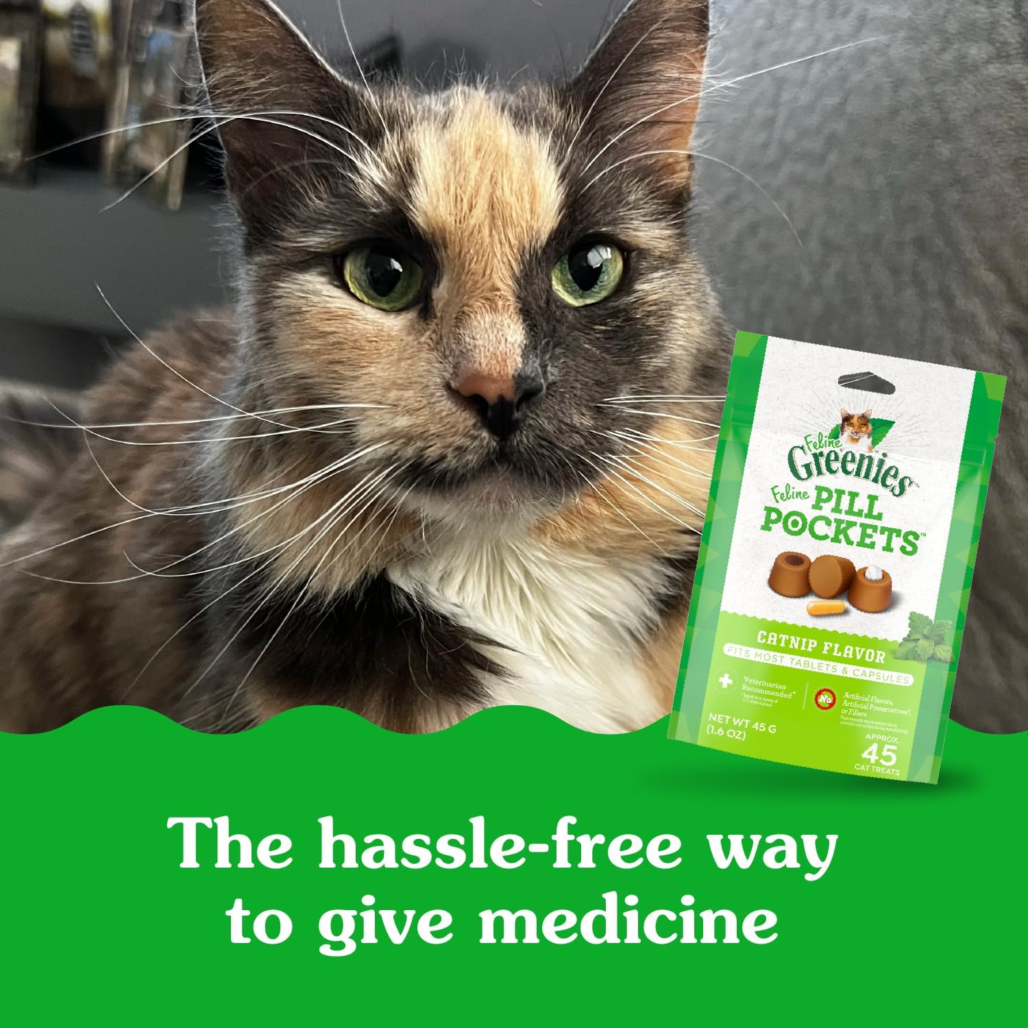 Feline Greenies Pill Pockets for Cats – Natural Soft Cat Treats, Catnip Flavor, 1.6 oz Pouch (45 Treats)