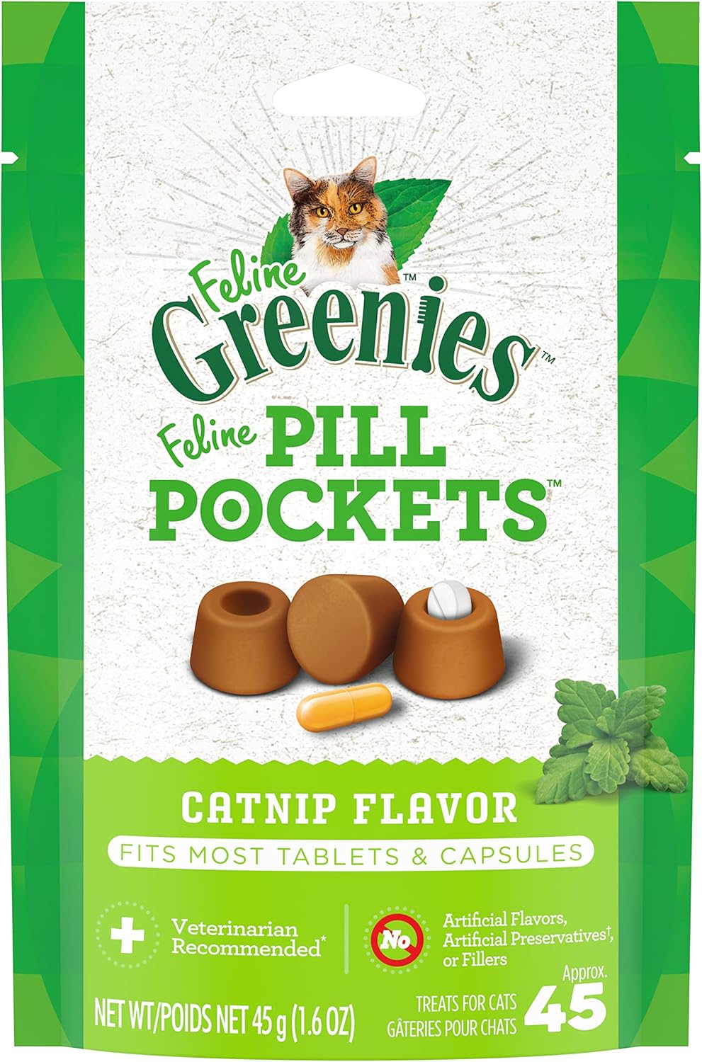 Feline Greenies Pill Pockets for Cats – Natural Soft Cat Treats, Catnip Flavor, 1.6 oz Pouch (45 Treats)