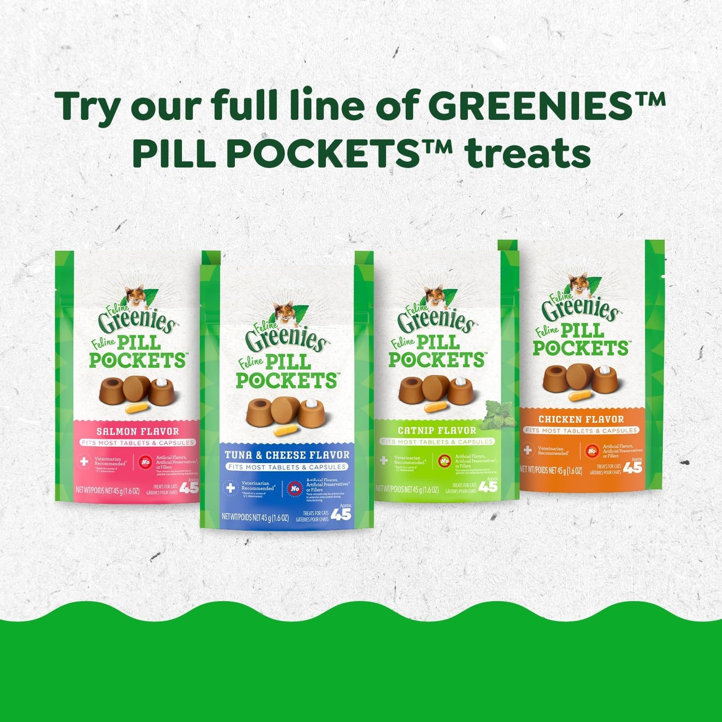Feline Greenies Pill Pockets for Cats – Natural Soft Cat Treats, Catnip Flavor, 1.6 oz Pouch (45 Treats)